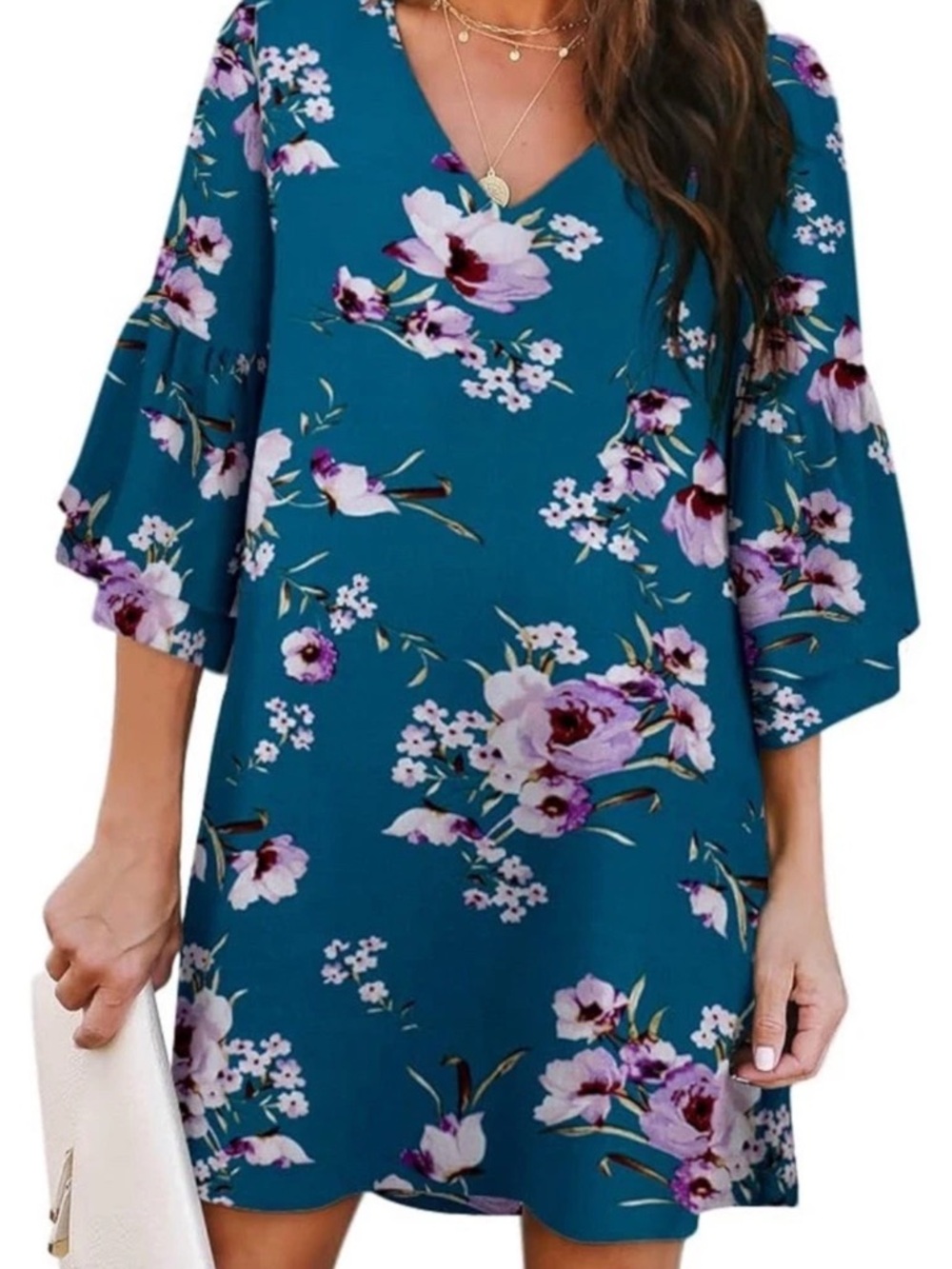 Belongsci Floral Teal V-Neck Mini Dress